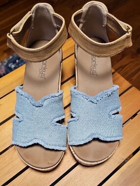 Corkys Light Blue Denim and Tan Ankle-Strap Sandals